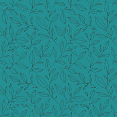 Seamless pattern with one line leaves. Vector floral background in trendy minimalistic linear style.