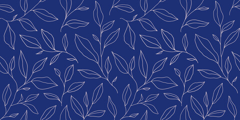 Seamless pattern with one line leaves. Vector floral background in trendy minimalistic linear style.
