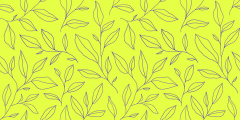 Seamless pattern with one line leaves. Vector floral background in trendy minimalistic linear style.