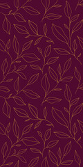 Seamless pattern with one line leaves. Vector floral background in trendy minimalistic linear style.