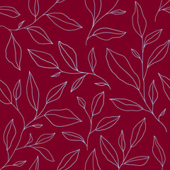 Seamless pattern with one line leaves. Vector floral background in trendy minimalistic linear style.