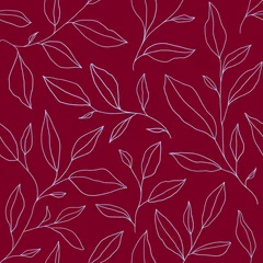 Foto op Plexiglas Bordeaux Naadloos patroon met één lijnbladeren. Vector bloemenachtergrond in trendy minimalistische lineaire stijl.