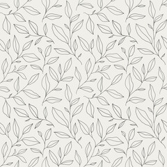 Seamless pattern with one line leaves. Vector floral background in trendy minimalistic linear style.