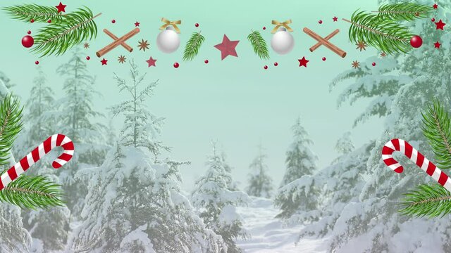 Animated Decorative Christmas hanging design elements decorations and rotating on a rope. Snowing weather in the background. Christmas motion design template for Christmas and new year designs.