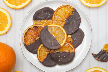 Dark chocolate dipped dry orange slices
