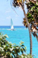 Velero en el horizonte, navegando cerca de las costas de Tulum, Quintana Roo, México.