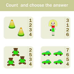 counting game with colorful toys.  Preschool worksheet, kids activity sheet, printable worksheet