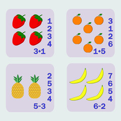counting game with funny fruites. Preschool worksheet, kids activity sheet, printable worksheet