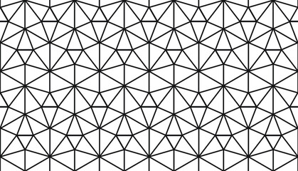 Contemporary tessellated 3d effect repeating hexagon and triangles pattern of black linear shape outlines on a white background, geometric vector illustration