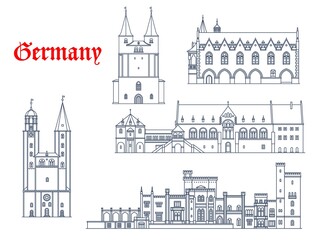 Germany architecture, Potsdam and Goslar landmarks, travel buildings icons. Marktkirche of Goslar, Kaiserpfalz Imperial Palace, Rathaus Town Hall and Babelsberg Schloss Palace in Potsdam. Vector