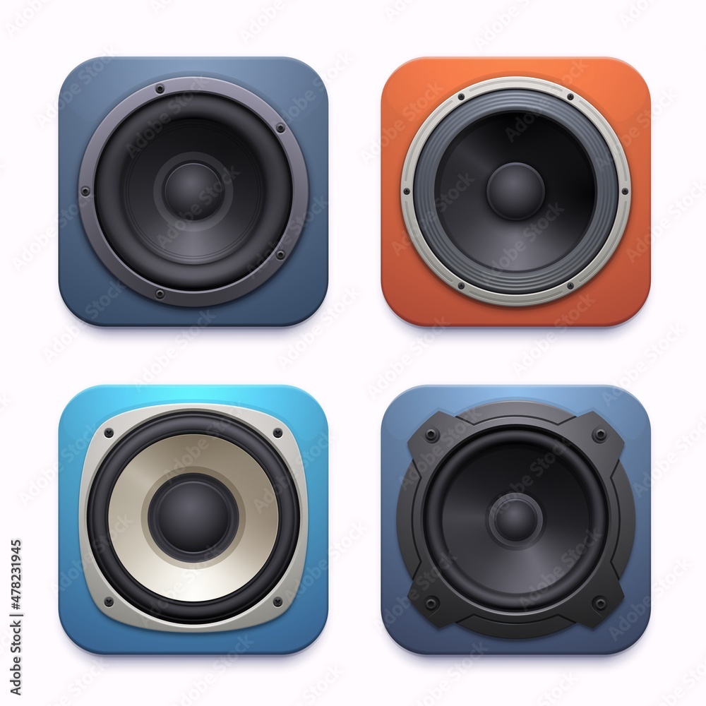 Poster sound speaker app icon, audio music system or player, vector loudspeaker. acoustic sound speaker or 