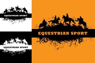 Horse racing and riding, grunge equestrian sport banners, vector. Jockey polo club emblem or equine steeplechase races tournament silhouette of horses trotters and riders on hippodrome - obrazy, fototapety, plakaty