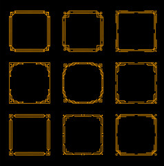 Art deco vintage frames and borders with gold line ornaments on black background. Elegant geometric vector frames with decorative corners and border lines, ornate invitation or greeting card
