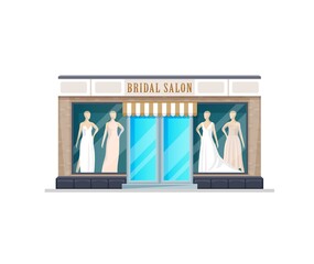 Bridal salon shop building. Vector wedding store facade wide showcase and mannequins in white dresses. Fashion boutique front window with models in vitrine. Fashionable gowns for brides marriage event