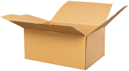 Closeup of opened cardboard carton box. Isolated over white background.