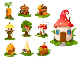 Cartoon fairytale houses and dwelling. Gnome vector fantasy isolated buildings, plants, vegetables, beehive and tree. Fairy, mermaid or elf cute homes in mushroom, sea or snail shells, carrot