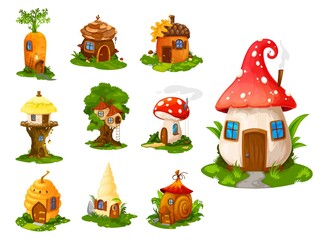 Fototapeta premium Cartoon fairytale houses and dwelling. Gnome vector fantasy isolated buildings, plants, vegetables, beehive and tree. Fairy, mermaid or elf cute homes in mushroom, sea or snail shells, carrot
