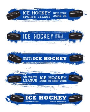 Ice Hockey Sport Grunge Banners With Pucks For Tournament Or Championship Match Preview, Vector. Ice Hockey League Or Team Banners With Blue Paint Splash On Hockey Arena