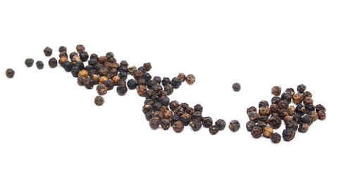 Black peppercorns, isolated on white background 