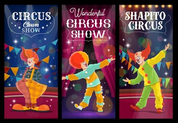 Shapito circus clowns and harlequin characters. Cartoon vector jesters, artists or performers on big top arena. Funsters in bright costumes perform on scene with backstage. Carnival show banners set © Vector Tradition