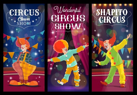 Shapito circus clowns and harlequin characters. Cartoon vector jesters, artists or performers on big top arena. Funsters in bright costumes perform on scene with backstage. Carnival show banners set