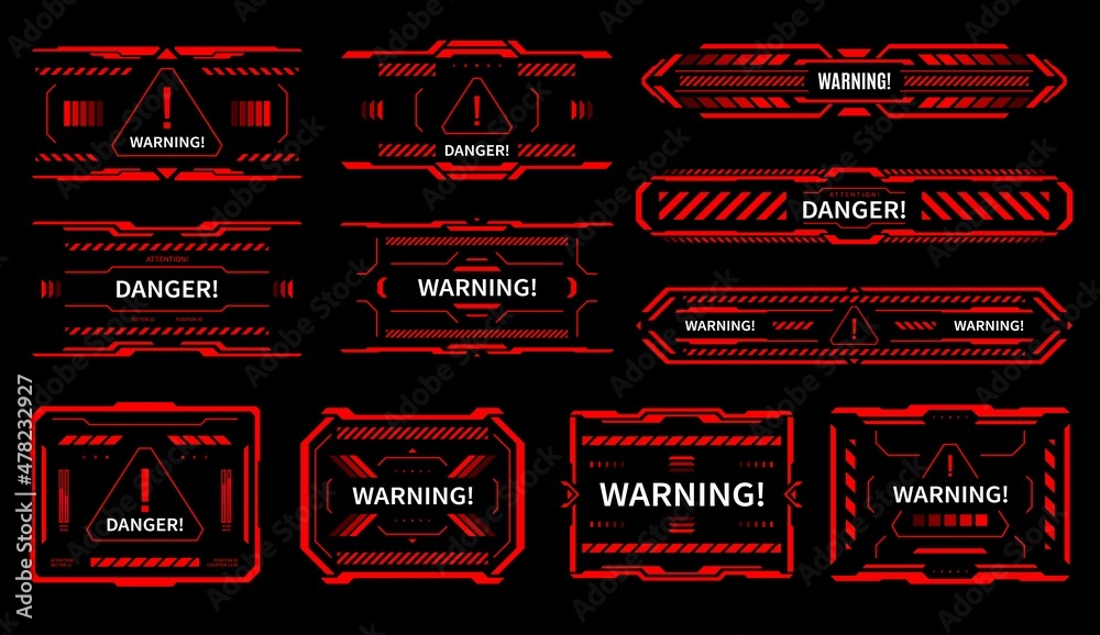 Leinwandbilder HUD danger and alert attention red interface signs. Vector warning messages and caution text boxes of Sci Fi game ui or gui, head up display futuristic hologram pop up windows with exclamation symbols