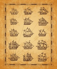 Vintage map sail ships, sailboat, brigantine sketch. Vector engraved sea vessels on ancient torn brown papyrus. Engraving retro schooner, corvette and brig, galleon and caravel, clipper of pirate map - obrazy, fototapety, plakaty