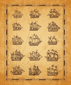 Vintage Map Sail Ships, Sailboat, Brigantine Sketch. Vector Engraved Sea Vessels On Ancient Torn Brown Papyrus. Engraving Retro Schooner, Corvette And Brig, Galleon And Caravel, Clipper Of Pirate Map