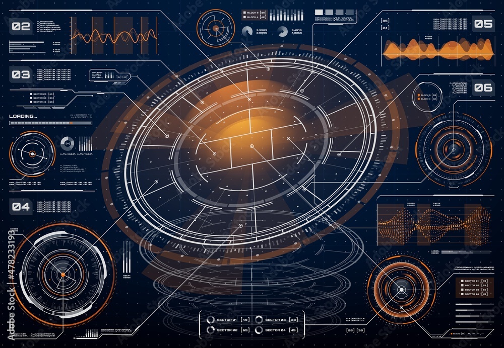 Poster HUD futuristic user digital screen interface, business technology infographics, big data analysis vector charts and graphs. Head up display dashboard panel with circular diagrams, info bars and boxes