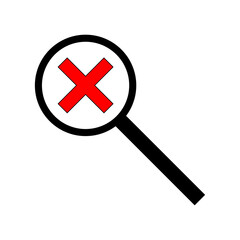 Obraz premium Cross in magnifying glass. Red sign. Error icon. Data analysis. Flat design. Modern art. Vector illustration. Stock image. 