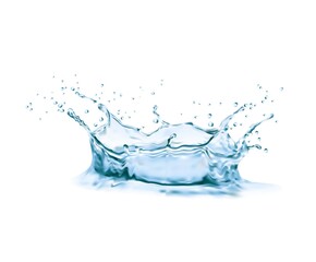 Water crown splash with swirl and drops 3d. Blue liquid water surface with realistic vector water splatter frozen action, ripples, waves and splashing droplets on white background