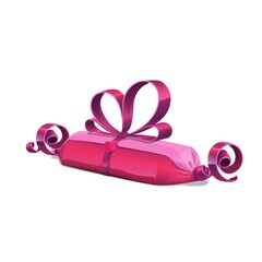 Sweetie vector gift box with bow of holiday present package or pack. Candy shaped gift box with pink ribbon swirls and wrapping paper with hearts, isolated cartoon surprise packaging