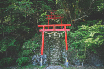赤い鳥居と趣ある階段のある神社