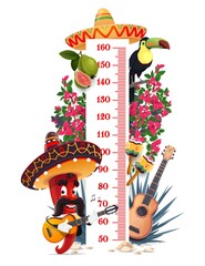 Kids height chart with Mexican mariachi and chili pepper in sombrero, vector growth measure meter. Kid measure scale ruler with Mexican fiesta guitar, bougainvillea, maracas and toucan in agave