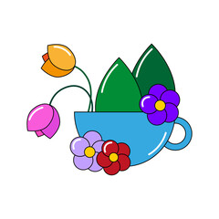 Blue cup with flowers. Colored sign. Beautiful art. Nature design. Botany background. Vector illustration. Stock image. 