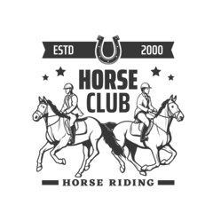 Equestrian sport vector icon of horse riding club design. Racing horses and jockeys isolated symbol with racehorses, horseshoe and horseback rider helmets, horse harness, saddles and bridles