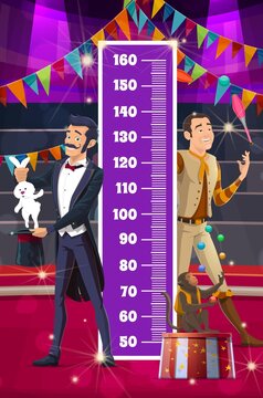Kids height chart, circus characters, growth measure meter with shapito artists. Cartoon big top juggler with ape and magician with rabbit. Vector wall sticker with scale for child height measurement