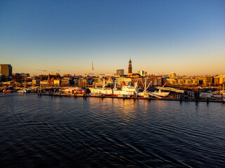 Fototapeta premium Sunset over Hamburg harbour - aerial view - drone photography Germany from above