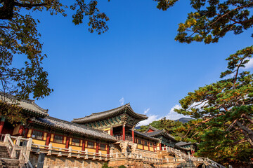 Beautiful and colorful autumn Korean temple  Bulgulsa with yellow,orange and red leaves,