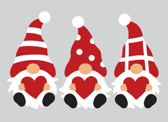 Three Valentine’s day gnomes with polka dot and stripes hats holding hearts vector illustration.