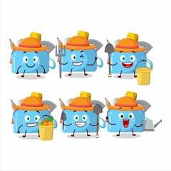 Fototapeta premium Farmer blue pencil case cute mascot character with fork