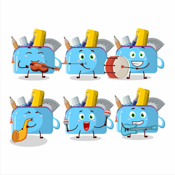Cartoon character of blue pencil case playing some musical instruments