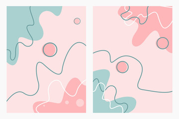 Set of stylish templates with organic abstract shapes and line in nude colors. Pastel background in minimalist style. Contemporary vector Illustration