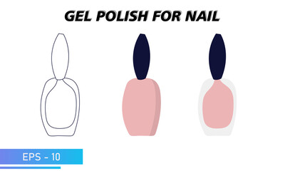 A bottle of nail polish. A simple jar, a transparent colored jar and a silhouette in lines. Objects and materials for a beauty and fashion salon. Vector illustration.