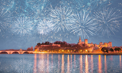 Pont Saint Benezet bridge on the Rhone River  and  Palace of the Popes ( Palais des Papes) and...
