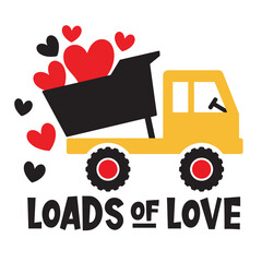 Cute kid Valentine’s day dump truck with loads of hearts vector illustration.