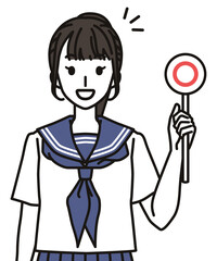 丸のふだを持つセーラー服の女子中学生・高校生