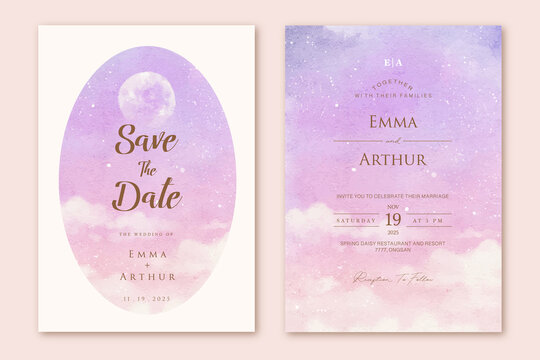 Watercolor purple sky wedding invitation set template