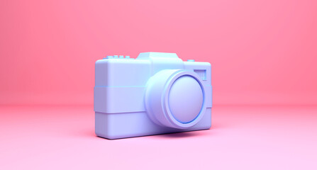 Blue photo camera on red background, 3d illustration