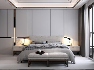 Modern luxury bedroom and mock up furniture decor and empty wall background